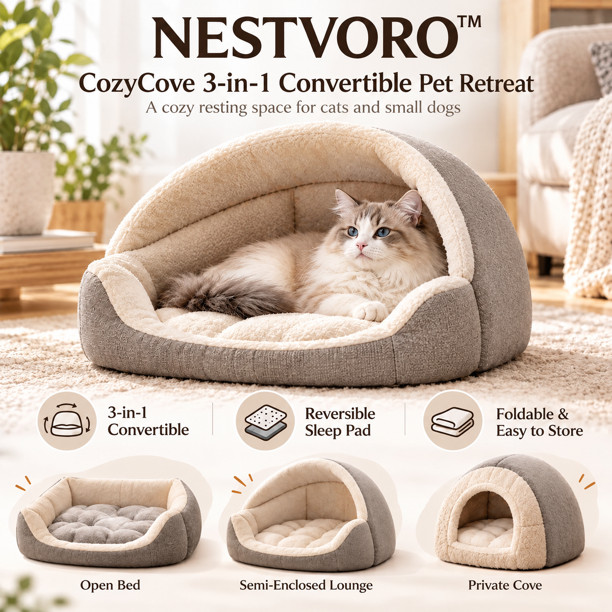 NESTVORO™ CozyCove 3-in-1 Convertible Pet Retreat