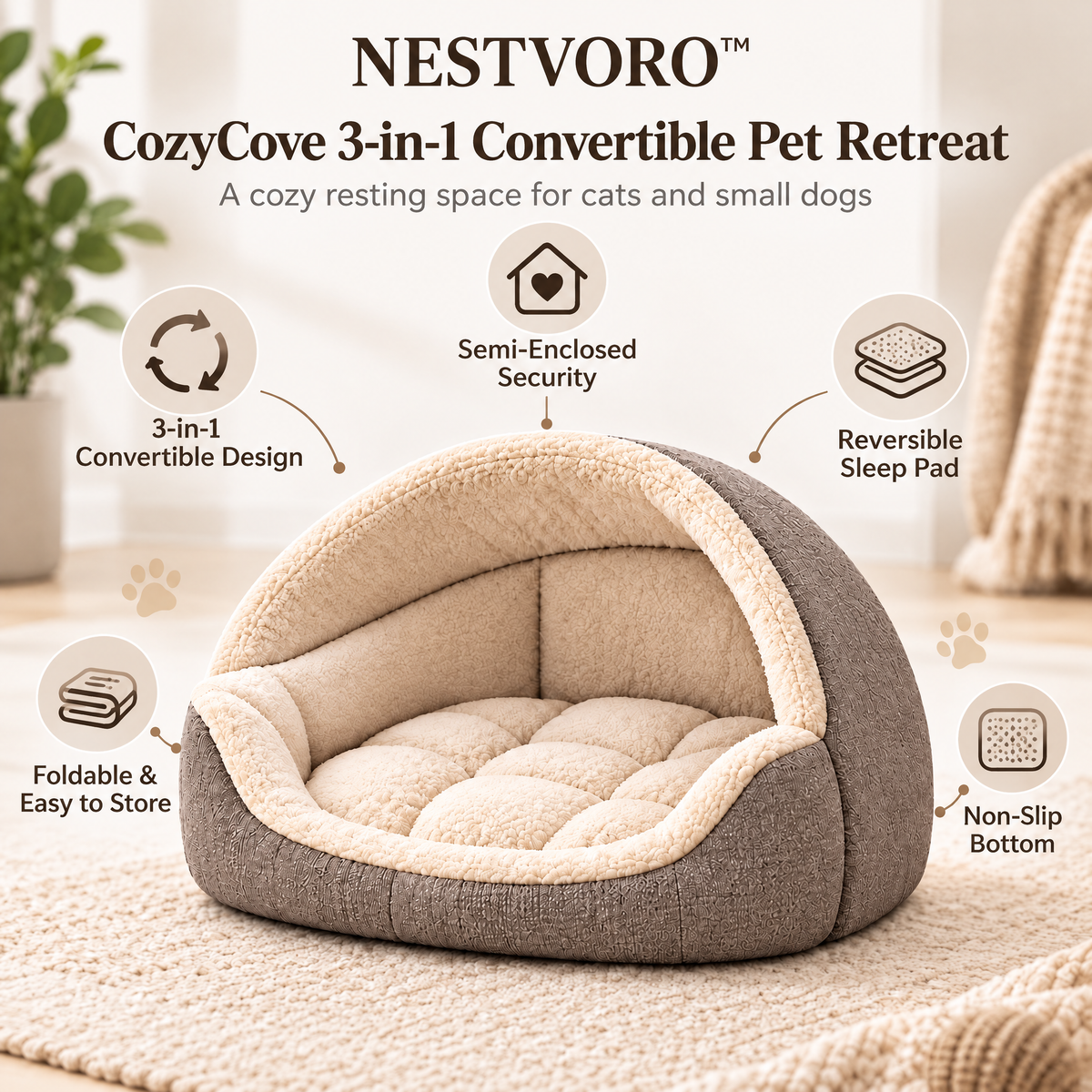 NESTVORO™ CozyCove 3-in-1 Convertible Pet Retreat