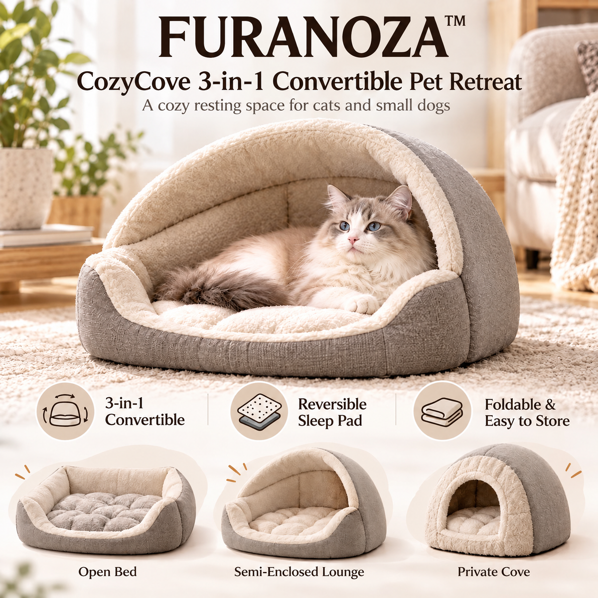 FURANOZA™ CozyCove 3-in-1 Convertible Pet Retreat