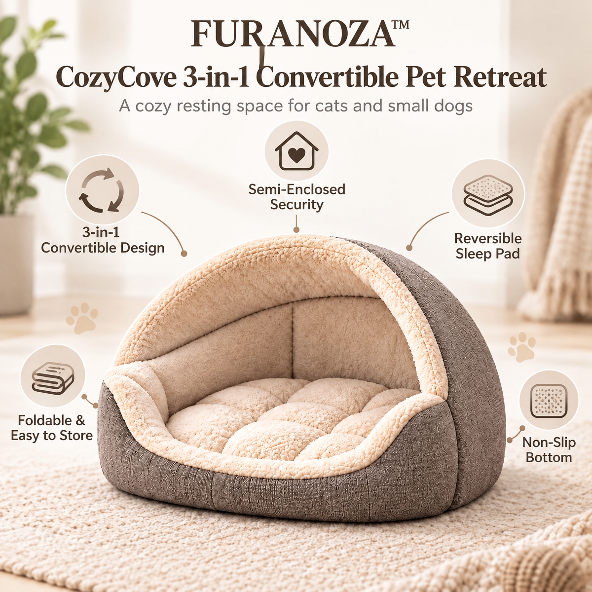 FURANOZA™ CozyCove 3-in-1 Convertible Pet Retreat